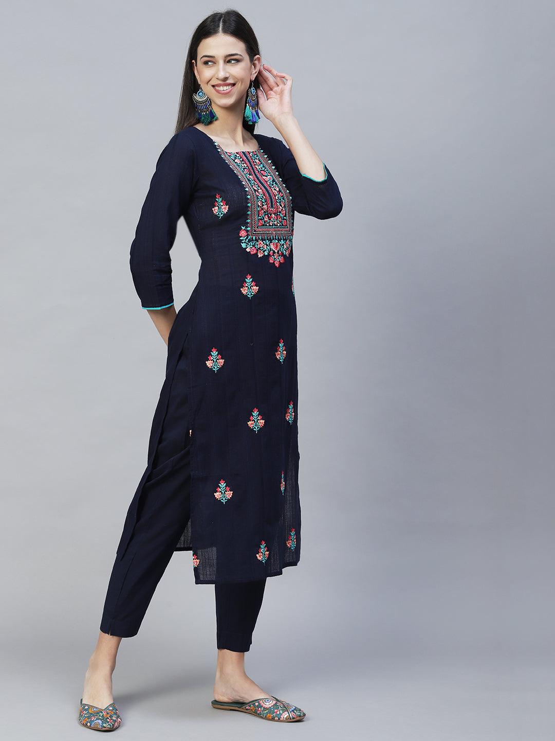 Floral Embroidered Straight Fit Kurta with Pants & Dupatta – Navy Blue - Indiakreations