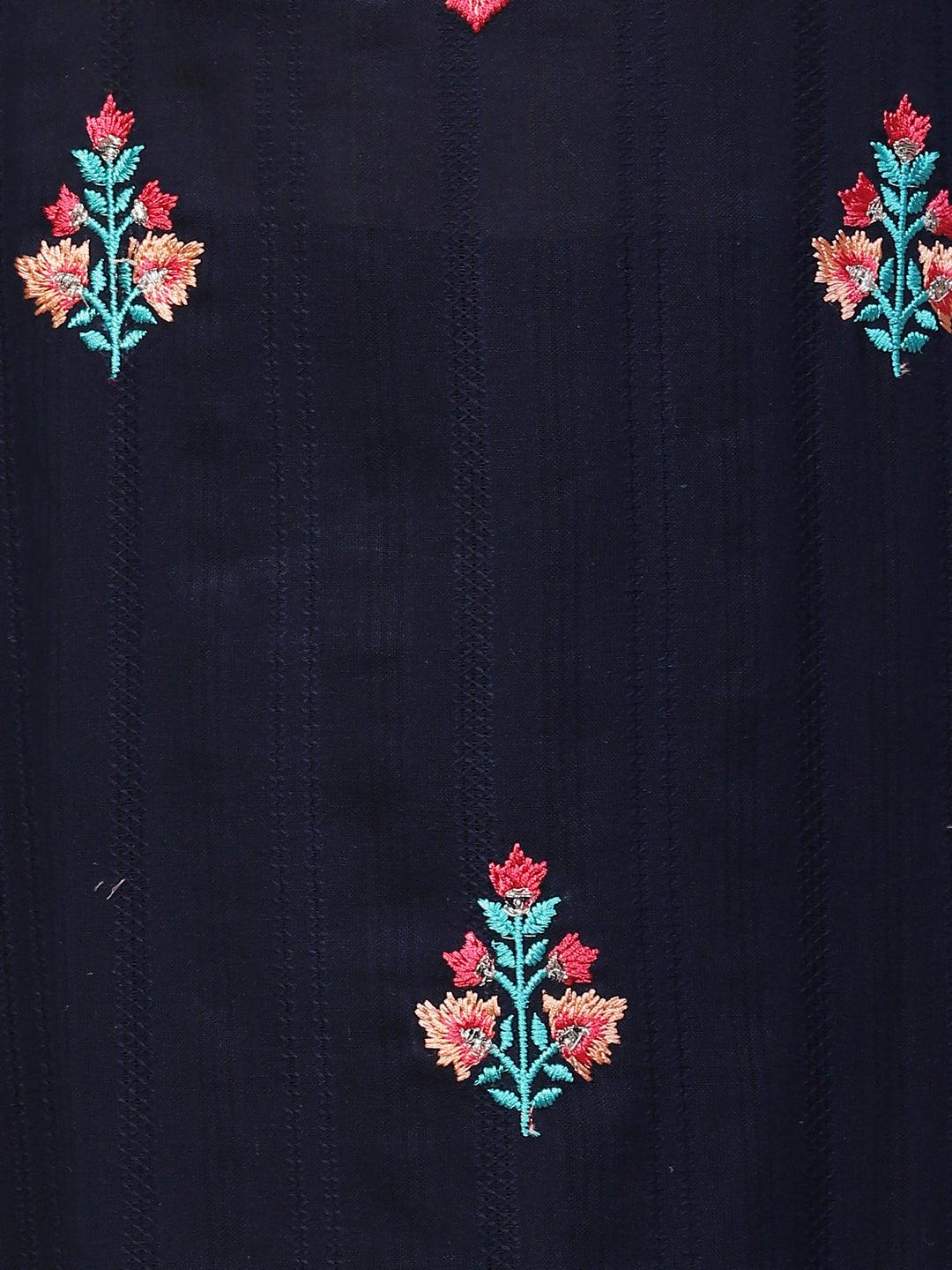 Floral Embroidered Straight Fit Kurta with Pants & Dupatta – Navy Blue - Indiakreations