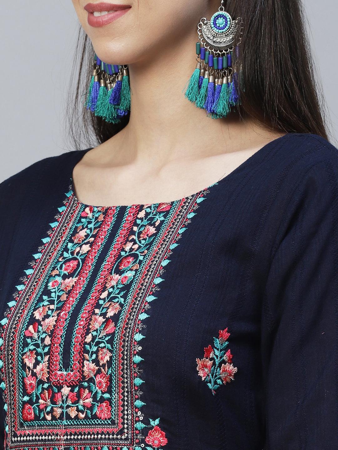 Floral Embroidered Straight Fit Kurta with Pants & Dupatta – Navy Blue - Indiakreations