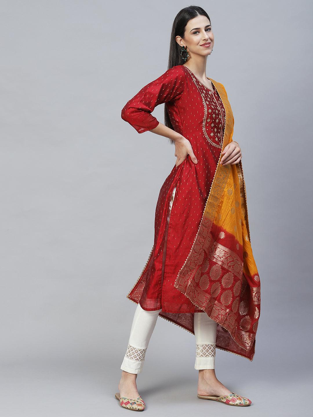 Ethnic Embroidered Straight Fit Kurta with Dupatta - Maroon - Indiakreations