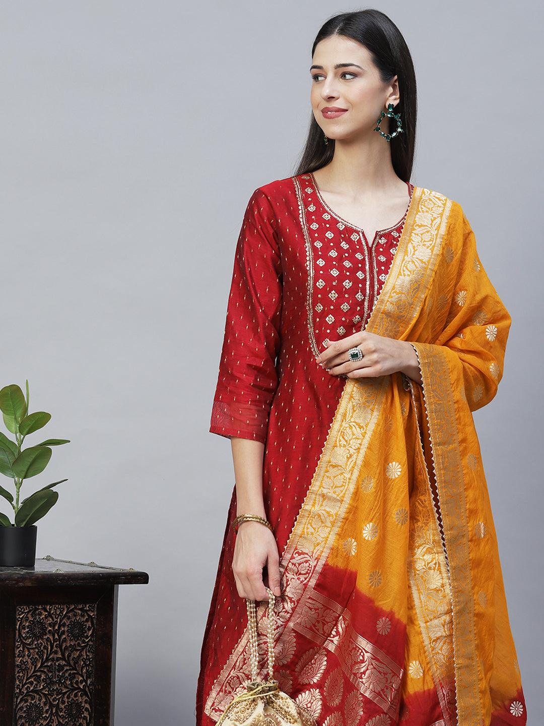 Ethnic Embroidered Straight Fit Kurta with Dupatta - Maroon - Indiakreations