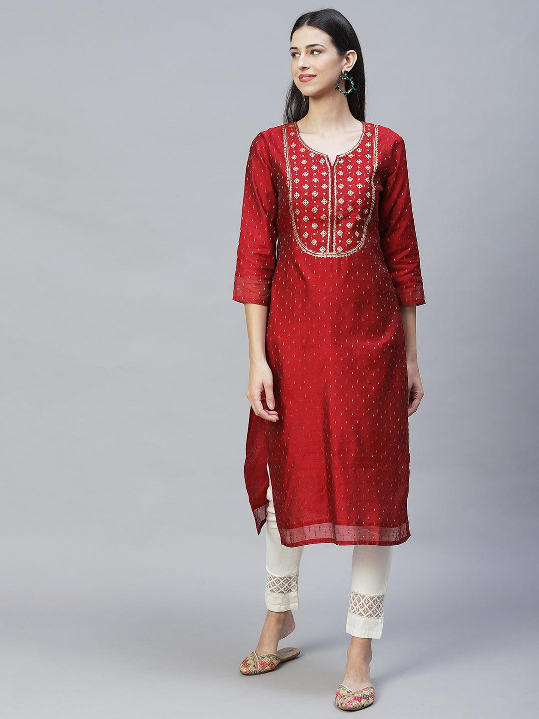 Ethnic Embroidered Straight Fit Kurta with Dupatta - Maroon - Indiakreations