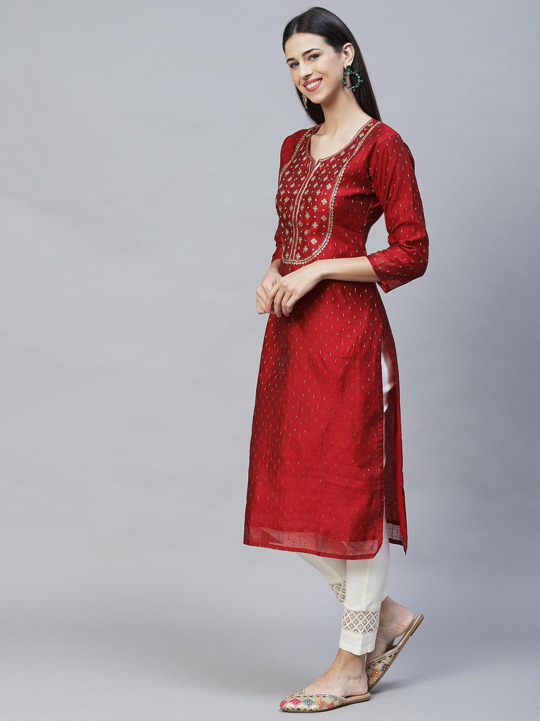 Ethnic Embroidered Straight Fit Kurta with Dupatta - Maroon - Indiakreations