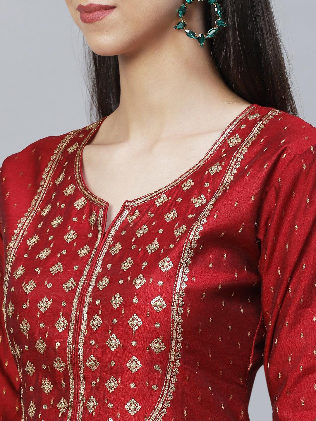 Ethnic Embroidered Straight Fit Kurta with Dupatta - Maroon - Indiakreations