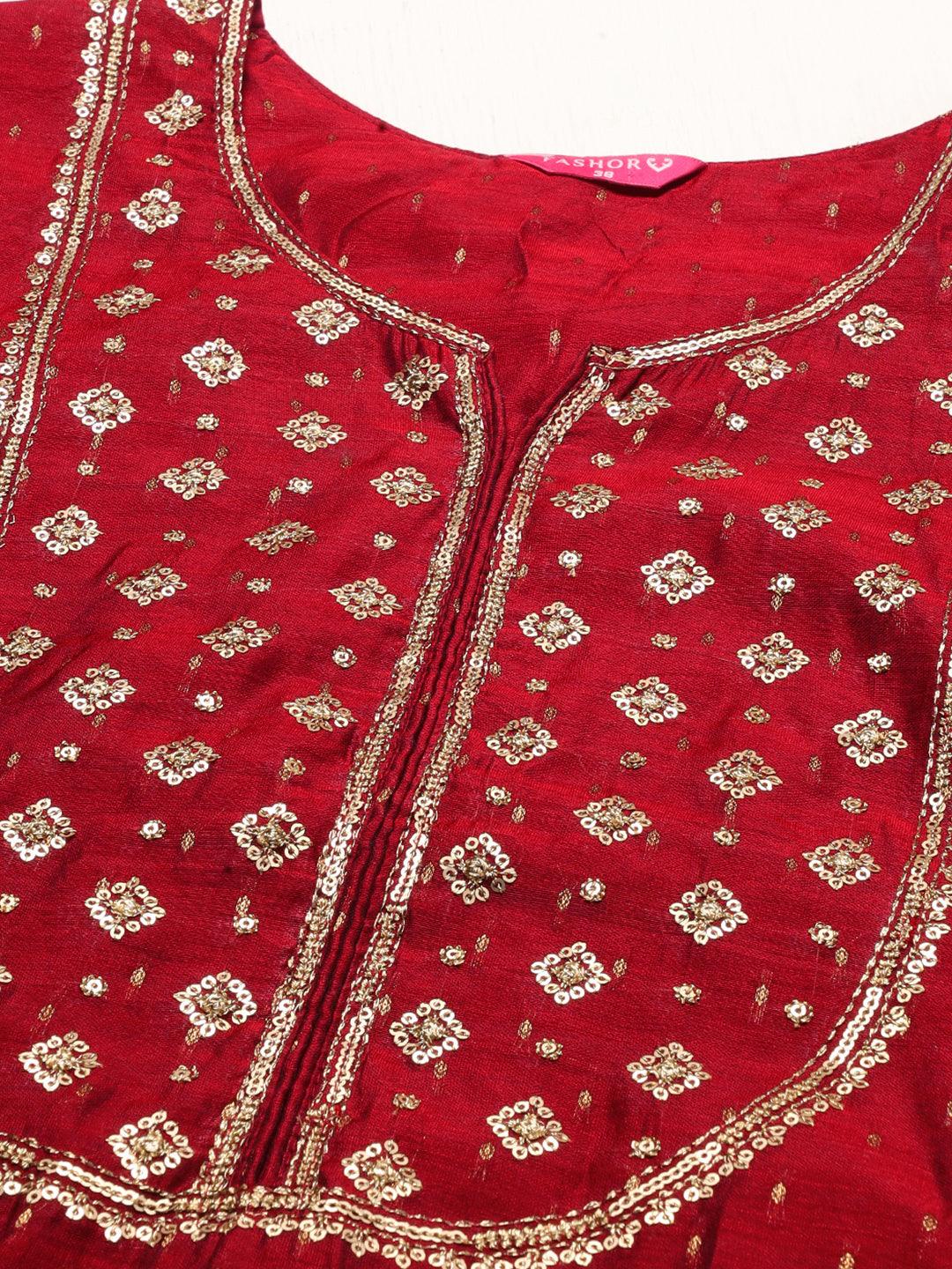 Ethnic Embroidered Straight Fit Kurta with Dupatta - Maroon - Indiakreations