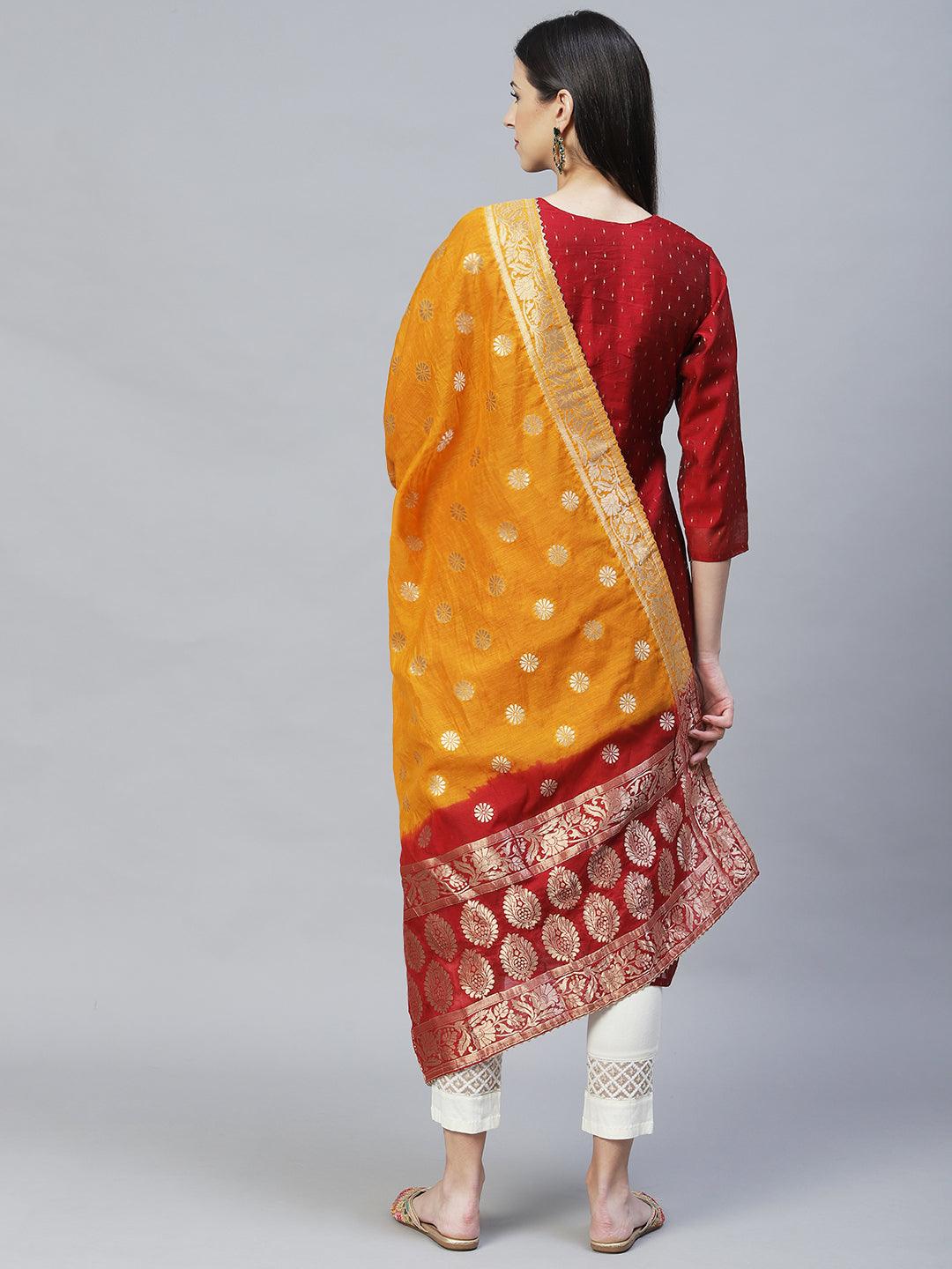 Ethnic Embroidered Straight Fit Kurta with Dupatta - Maroon - Indiakreations