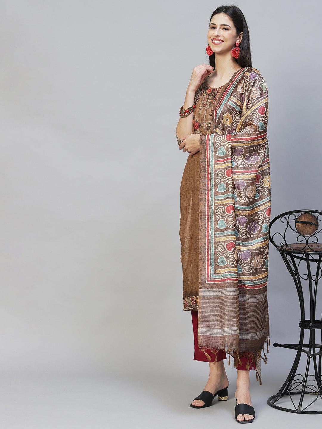 Abstract Printed & Hand Embroidered Straight Kurta with Dupatta - Light Brown - Indiakreations