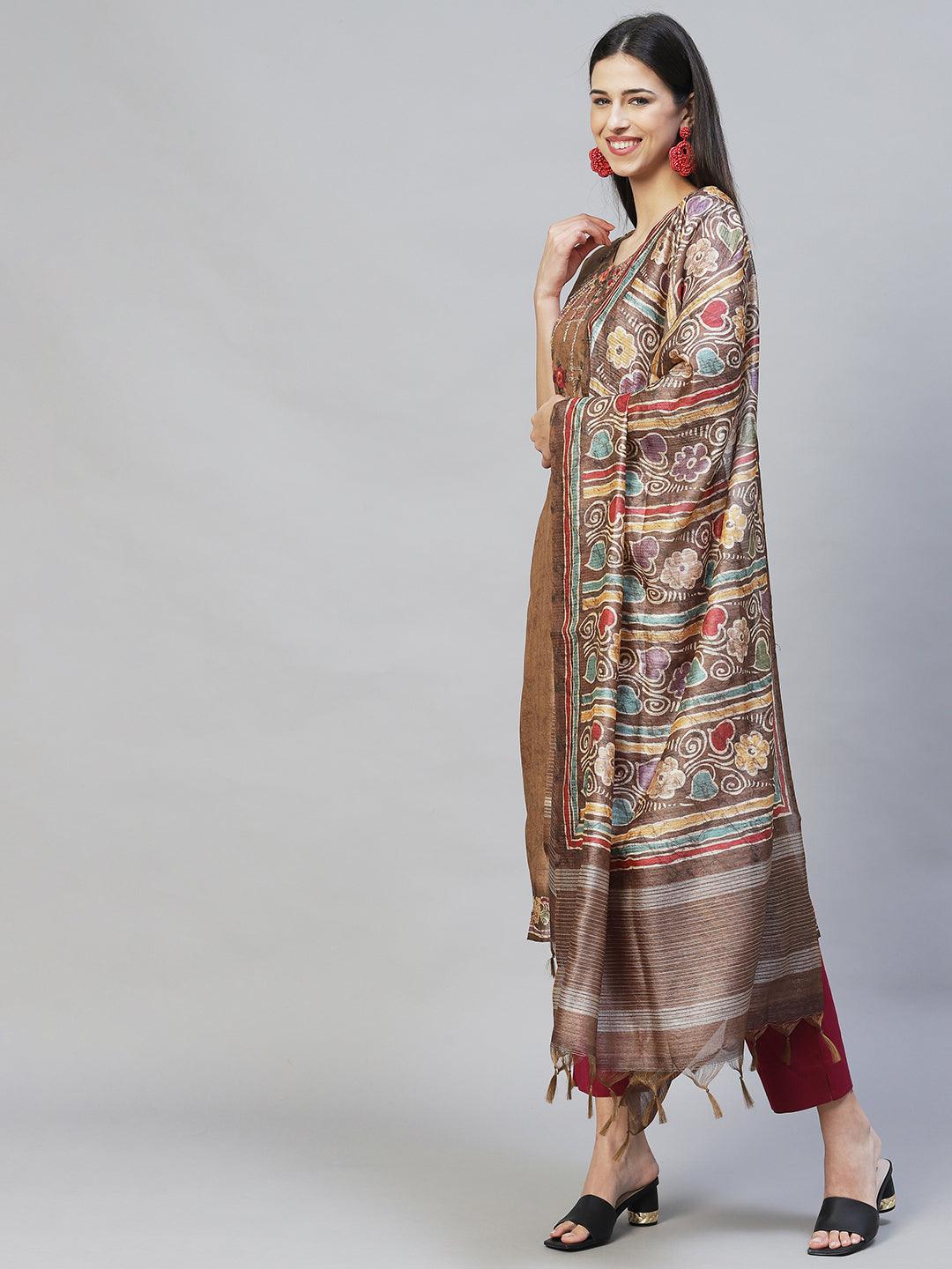 Abstract Printed & Hand Embroidered Straight Kurta with Dupatta - Light Brown - Indiakreations