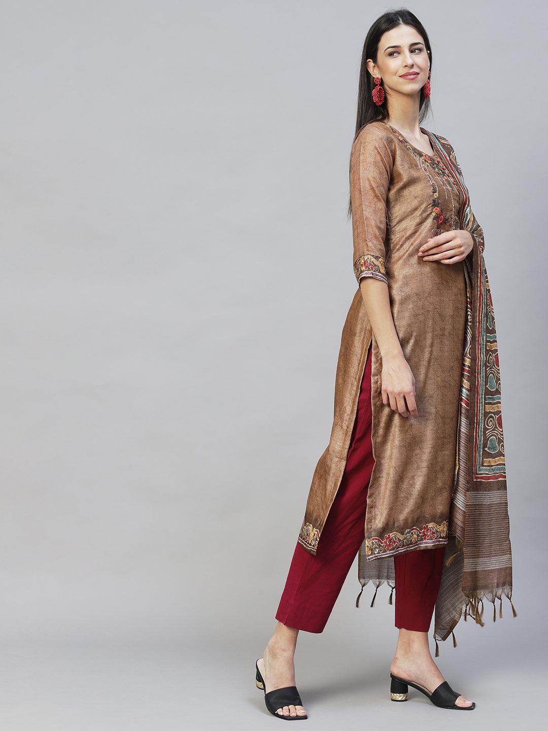 Abstract Printed & Hand Embroidered Straight Kurta with Dupatta - Light Brown - Indiakreations