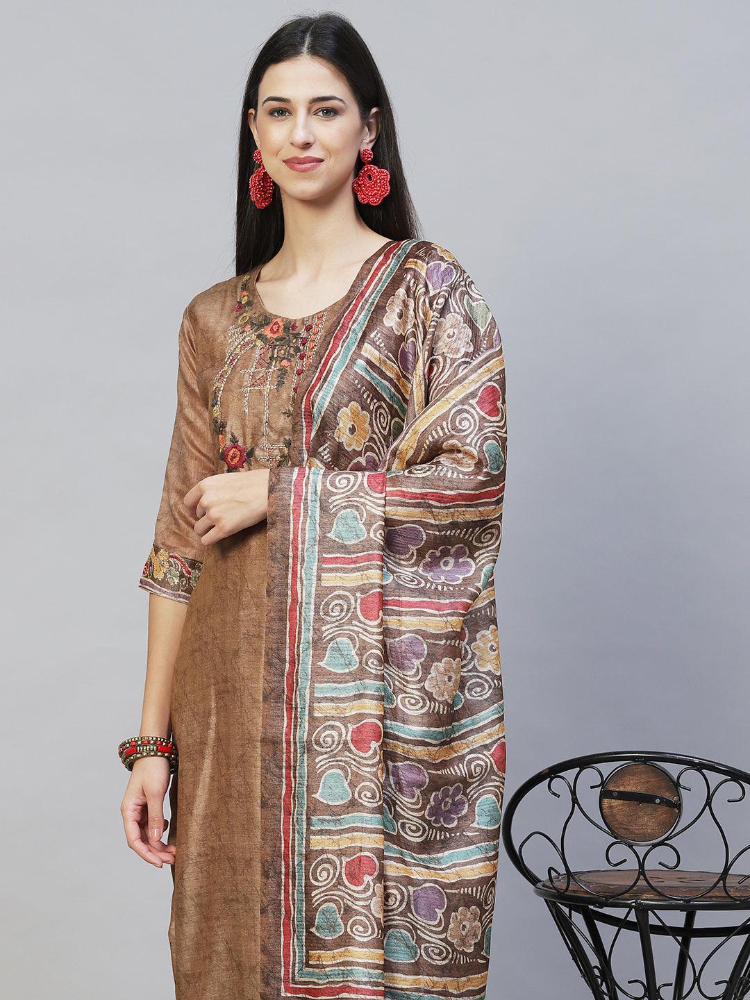 Abstract Printed & Hand Embroidered Straight Kurta with Dupatta - Light Brown - Indiakreations