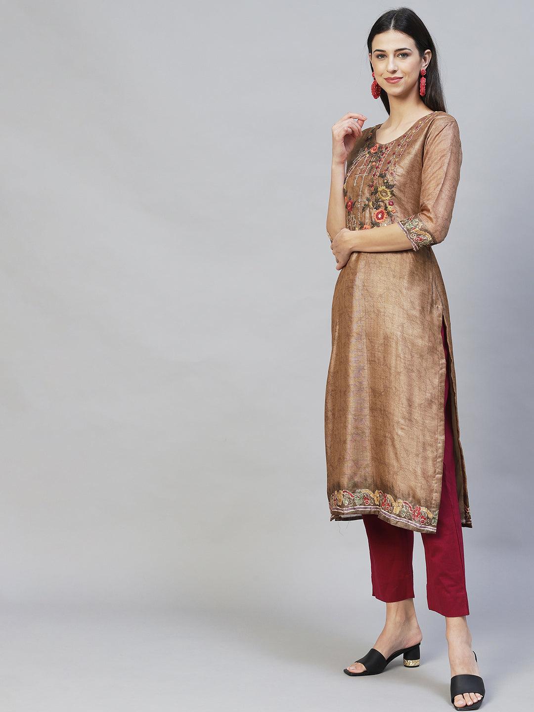 Abstract Printed & Hand Embroidered Straight Kurta with Dupatta - Light Brown - Indiakreations