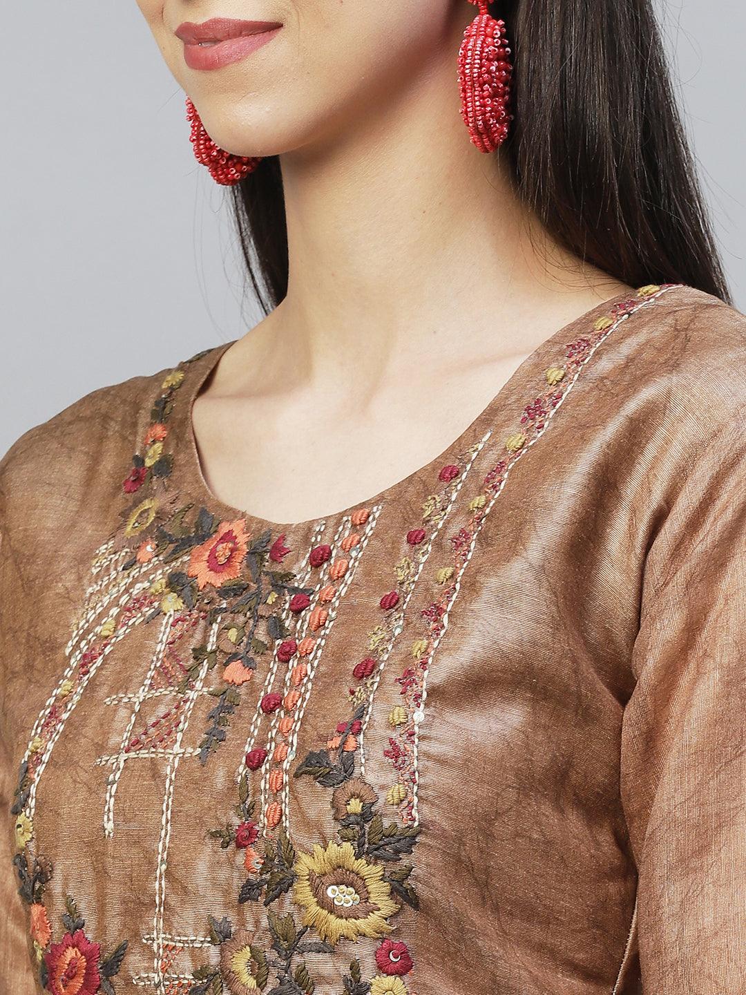 Abstract Printed & Hand Embroidered Straight Kurta with Dupatta - Light Brown - Indiakreations