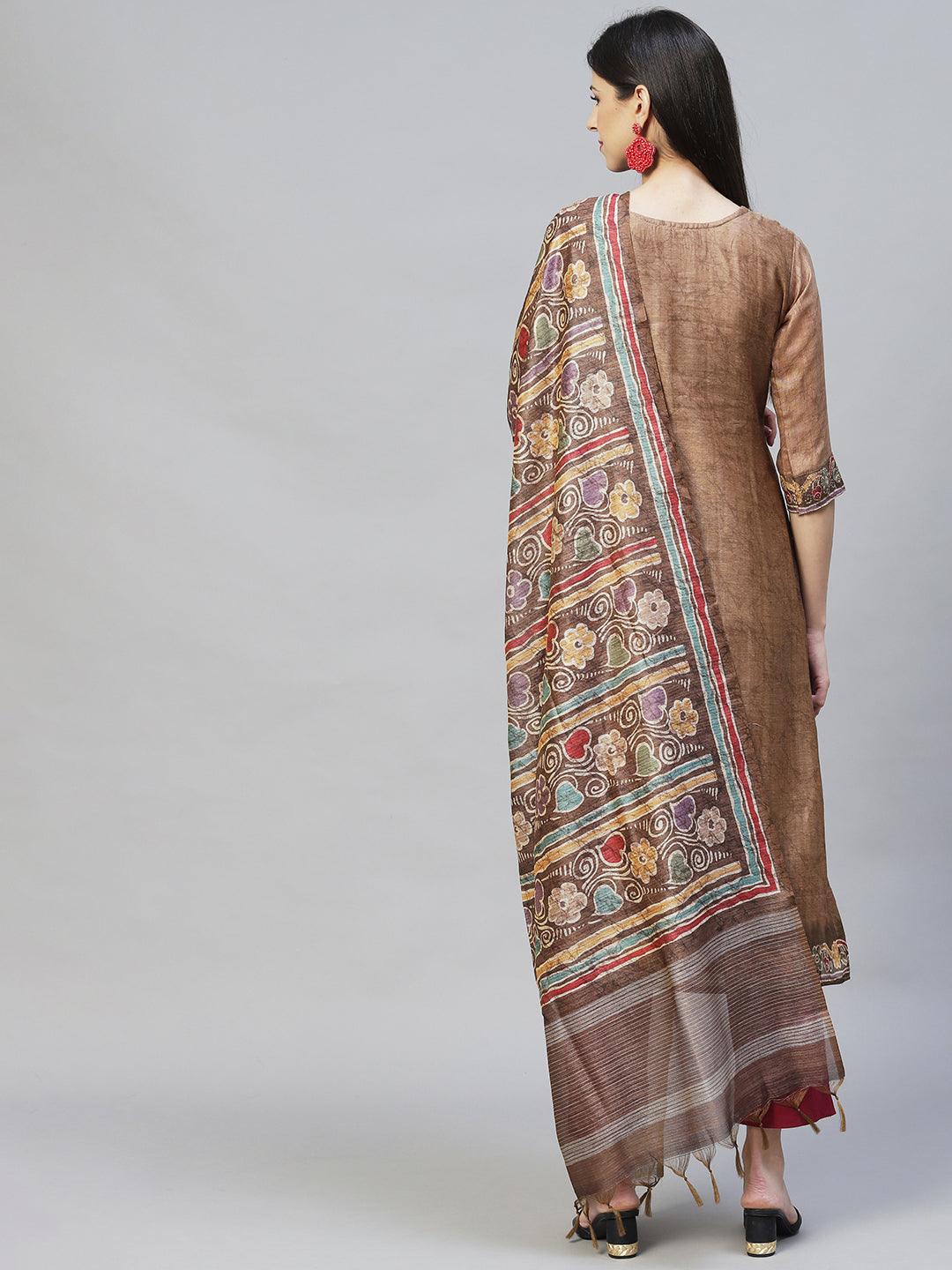 Abstract Printed & Hand Embroidered Straight Kurta with Dupatta - Light Brown - Indiakreations