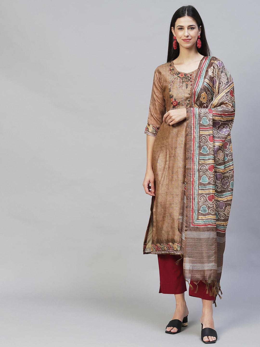 Abstract Printed & Hand Embroidered Straight Kurta with Dupatta - Light Brown - Indiakreations