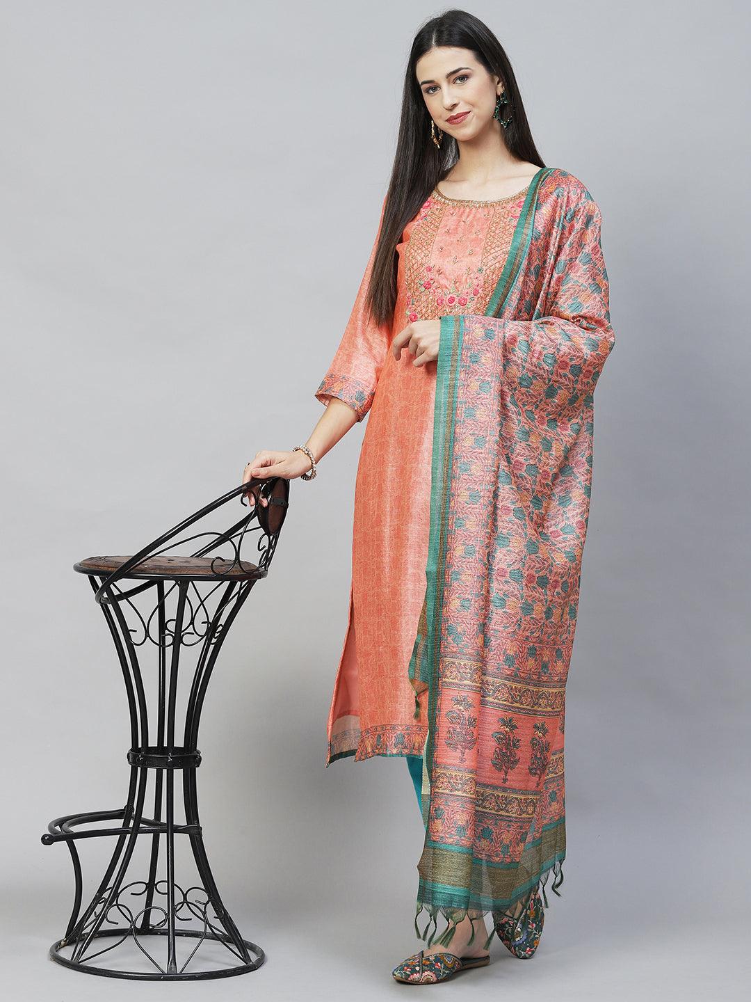 Ethnic Printed & Hand Embroidered Straight Kurta with Dupatta - Peach - Indiakreations