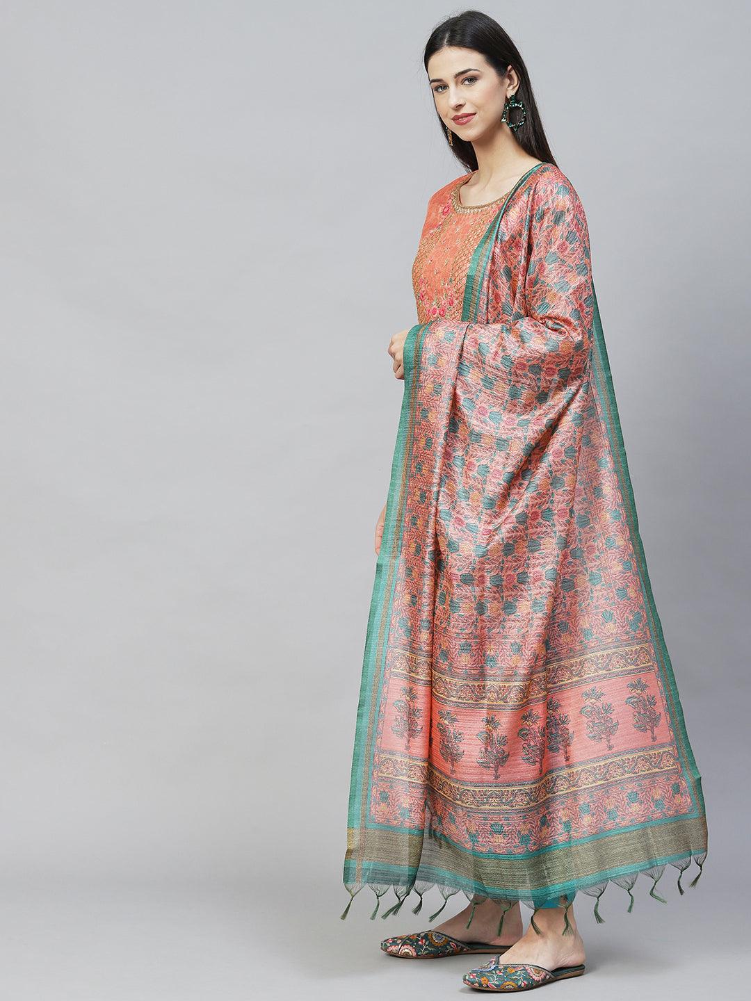 Ethnic Printed & Hand Embroidered Straight Kurta with Dupatta - Peach - Indiakreations