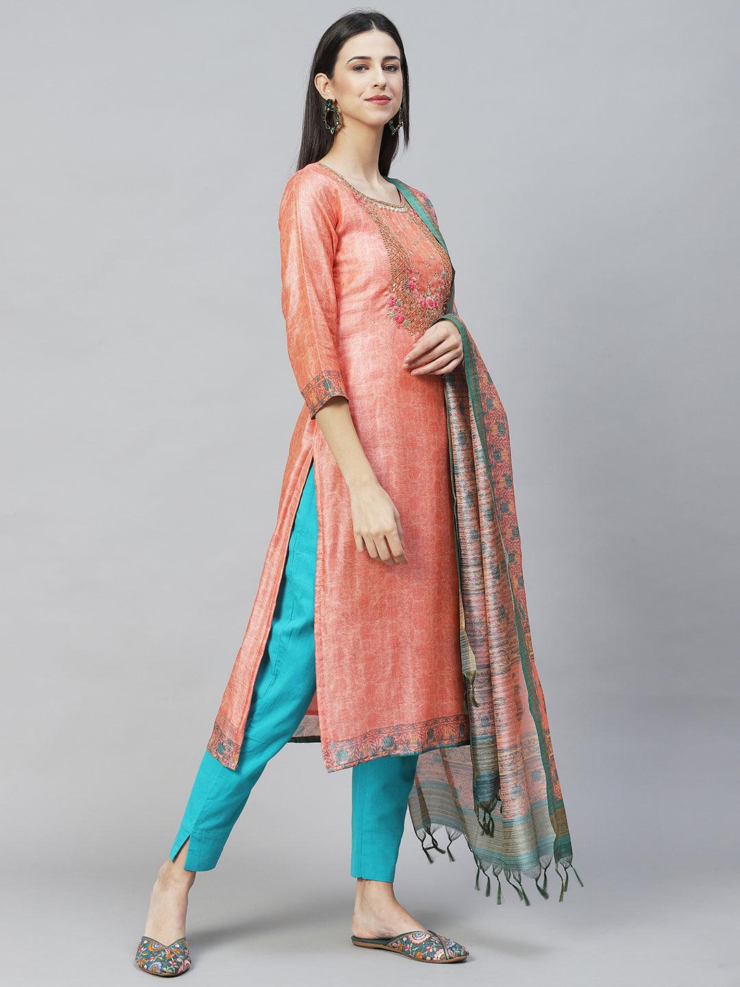 Ethnic Printed & Hand Embroidered Straight Kurta with Dupatta - Peach - Indiakreations