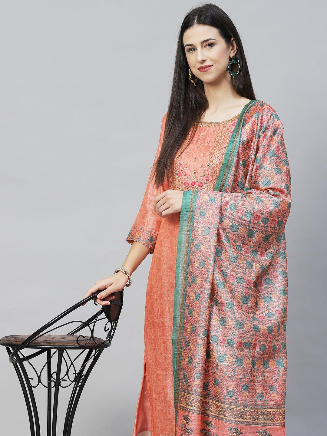 Ethnic Printed & Hand Embroidered Straight Kurta with Dupatta - Peach - Indiakreations