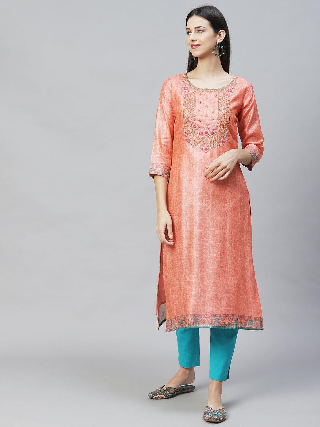 Ethnic Printed & Hand Embroidered Straight Kurta with Dupatta - Peach - Indiakreations