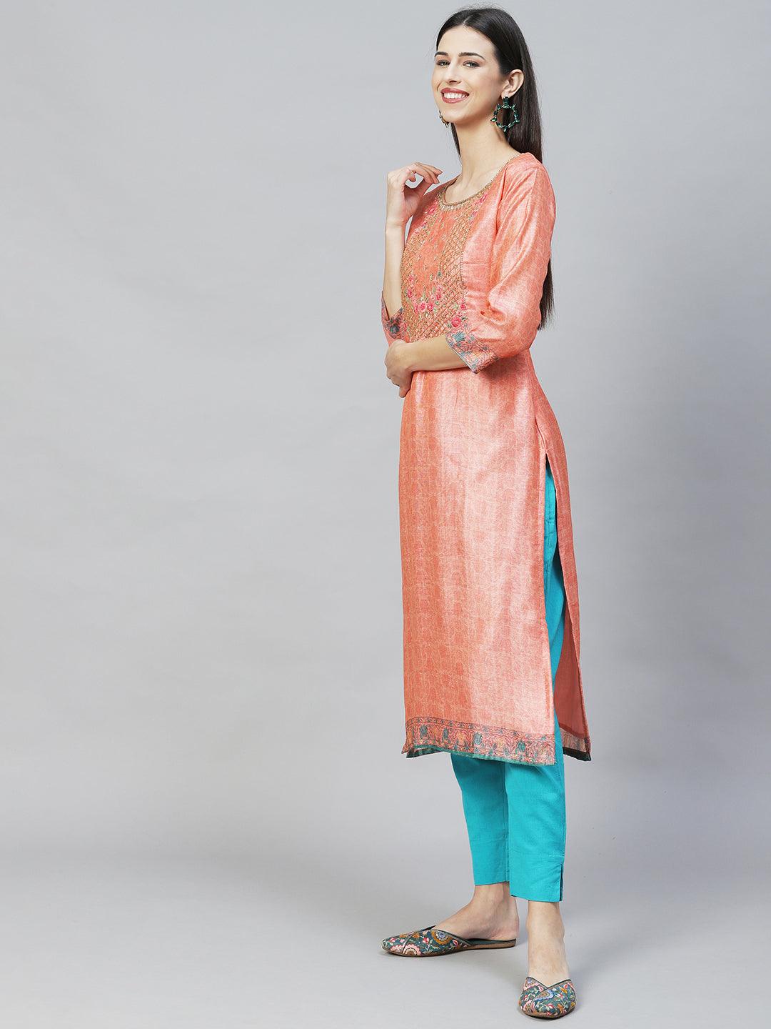 Ethnic Printed & Hand Embroidered Straight Kurta with Dupatta - Peach - Indiakreations