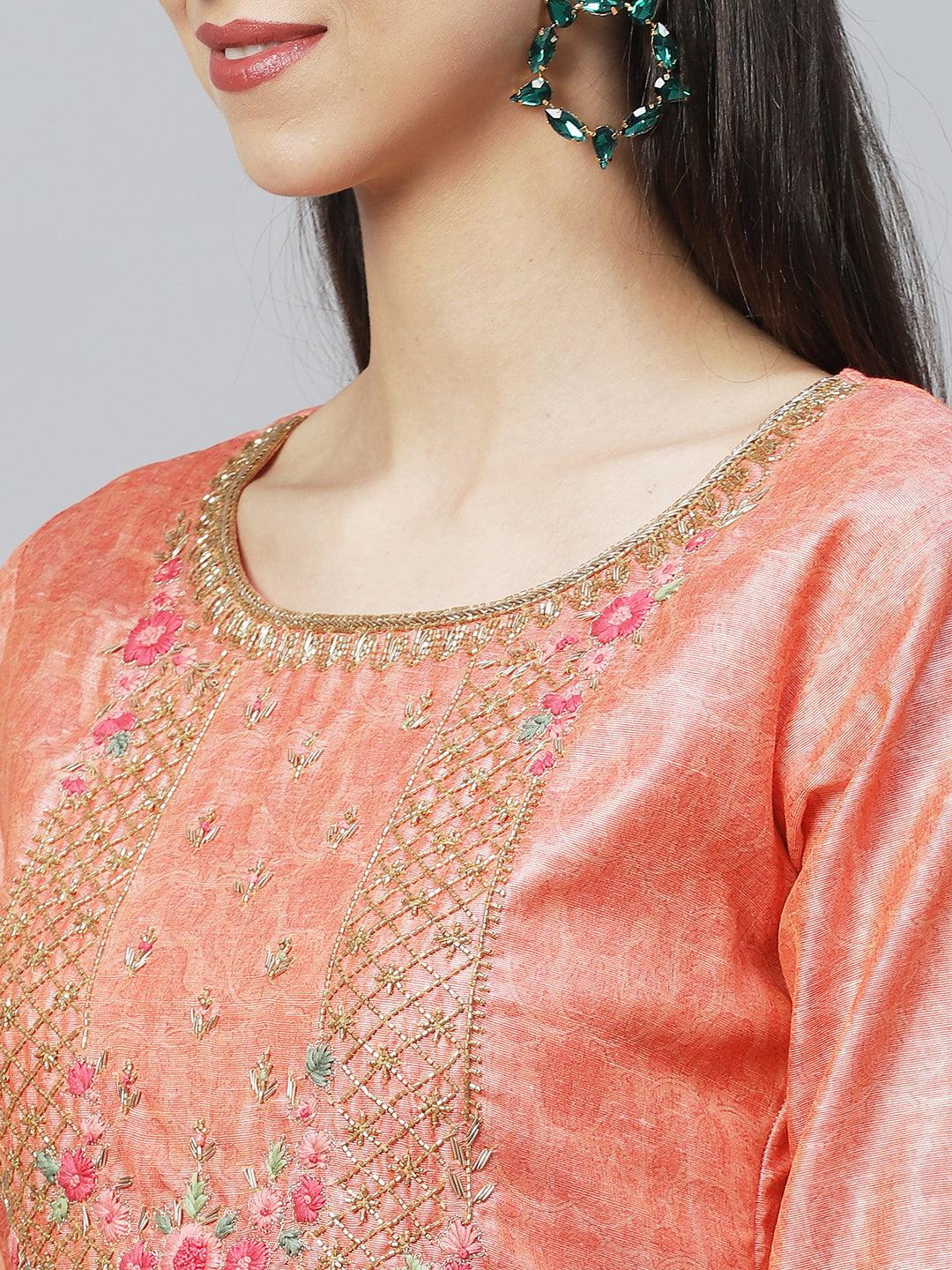 Ethnic Printed & Hand Embroidered Straight Kurta with Dupatta - Peach - Indiakreations