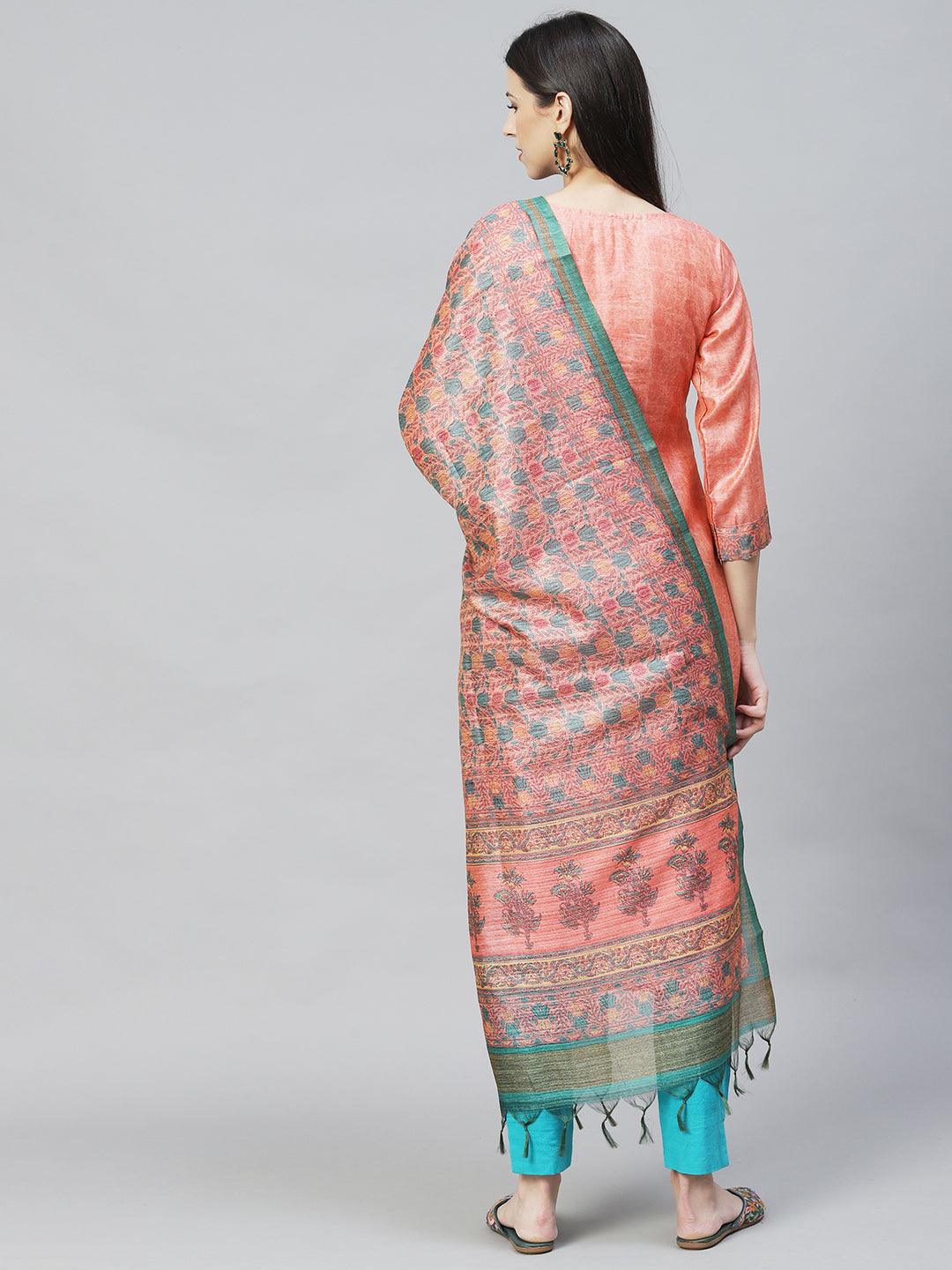 Ethnic Printed & Hand Embroidered Straight Kurta with Dupatta - Peach - Indiakreations