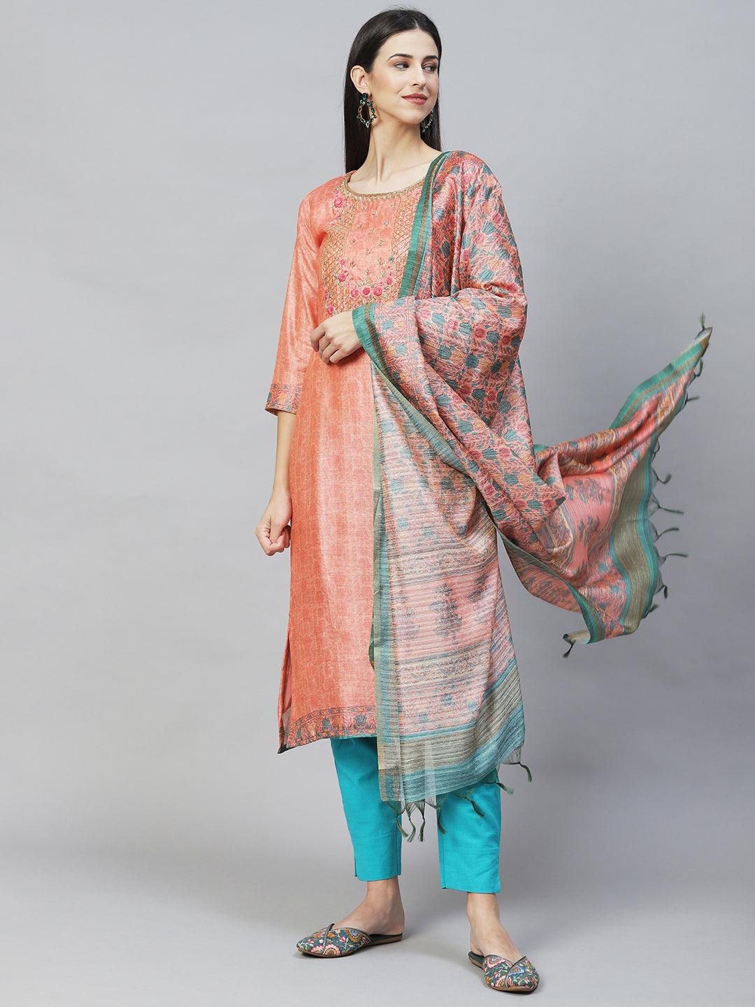 Ethnic Printed & Hand Embroidered Straight Kurta with Dupatta - Peach - Indiakreations