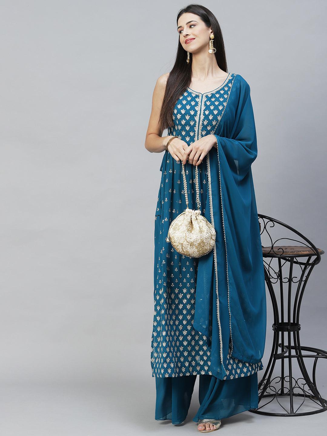 Ethnic Embroidered Flared Kurta with Palazzo & Dupatta - Teal Green - Indiakreations