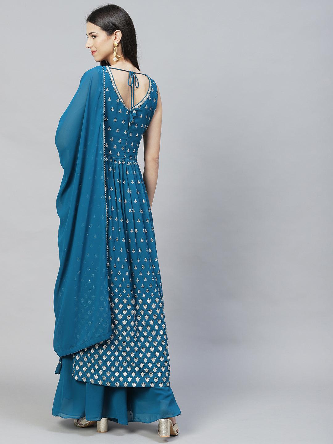 Ethnic Embroidered Flared Kurta with Palazzo & Dupatta - Teal Green - Indiakreations