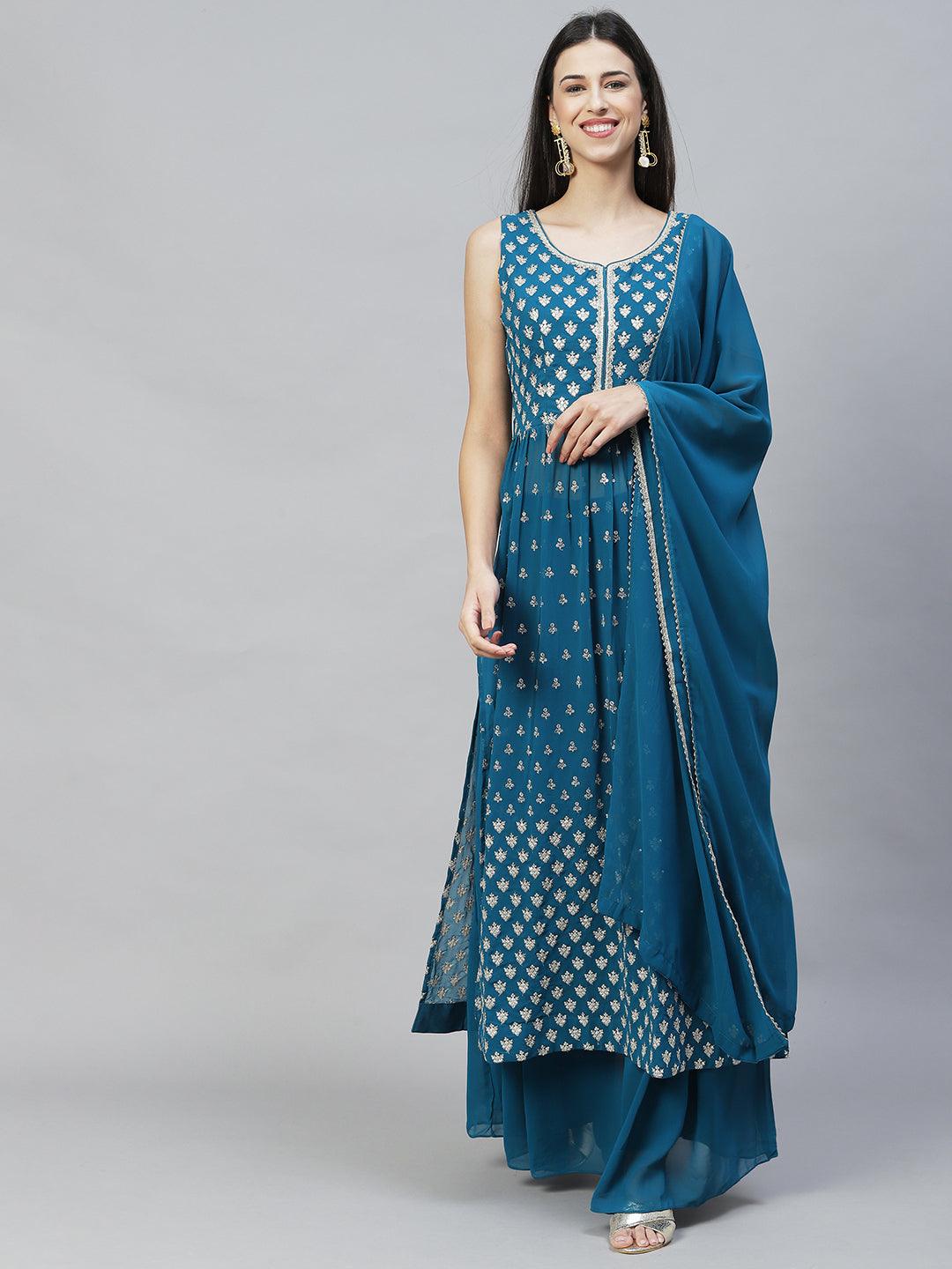 Ethnic Embroidered Flared Kurta with Palazzo & Dupatta - Teal Green - Indiakreations