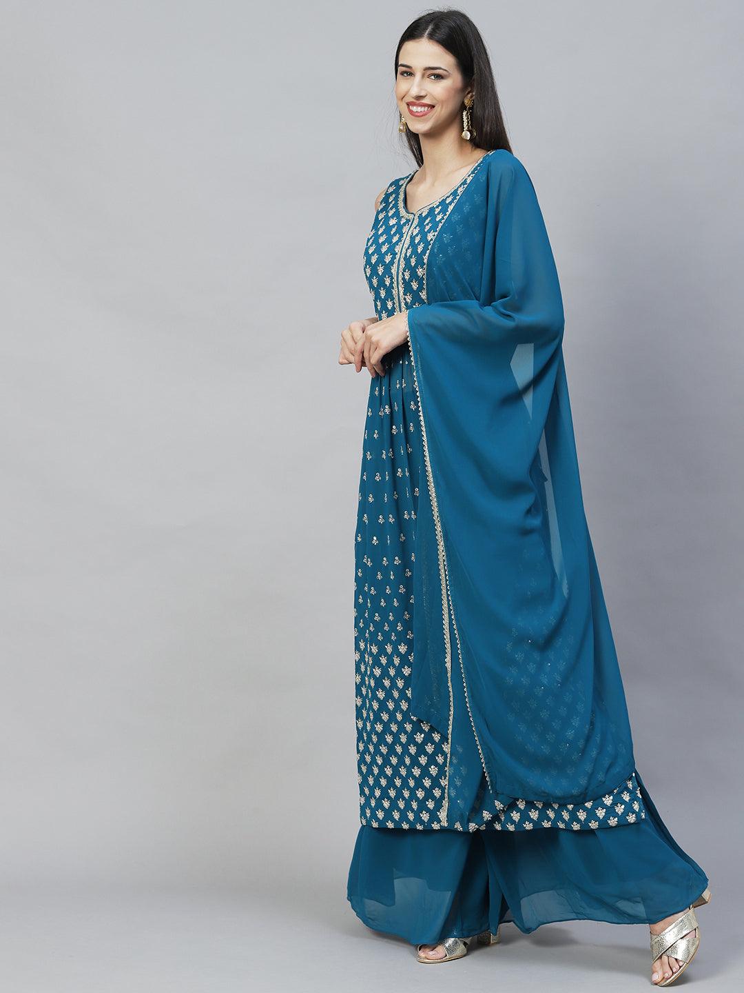 Ethnic Embroidered Flared Kurta with Palazzo & Dupatta - Teal Green - Indiakreations