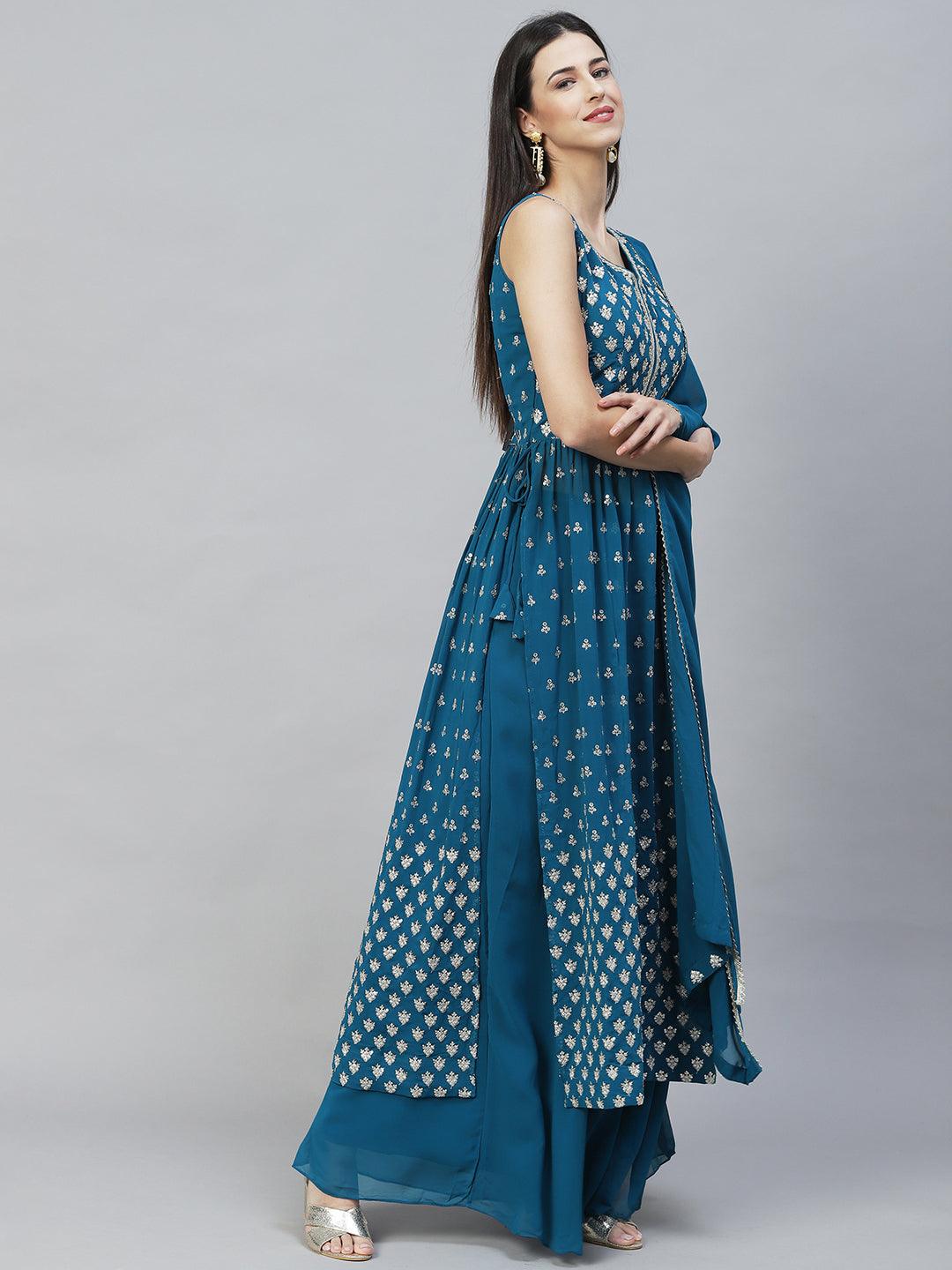 Ethnic Embroidered Flared Kurta with Palazzo & Dupatta - Teal Green - Indiakreations