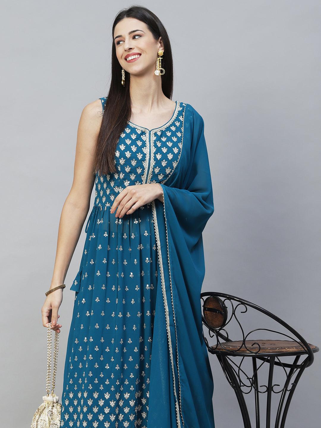 Ethnic Embroidered Flared Kurta with Palazzo & Dupatta - Teal Green - Indiakreations