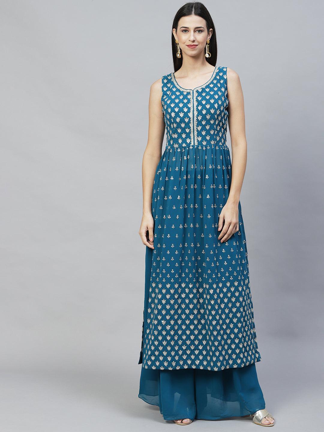 Ethnic Embroidered Flared Kurta with Palazzo & Dupatta - Teal Green - Indiakreations