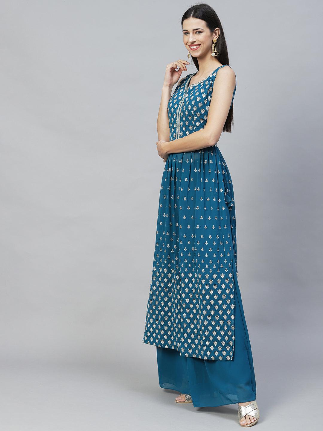 Ethnic Embroidered Flared Kurta with Palazzo & Dupatta - Teal Green - Indiakreations