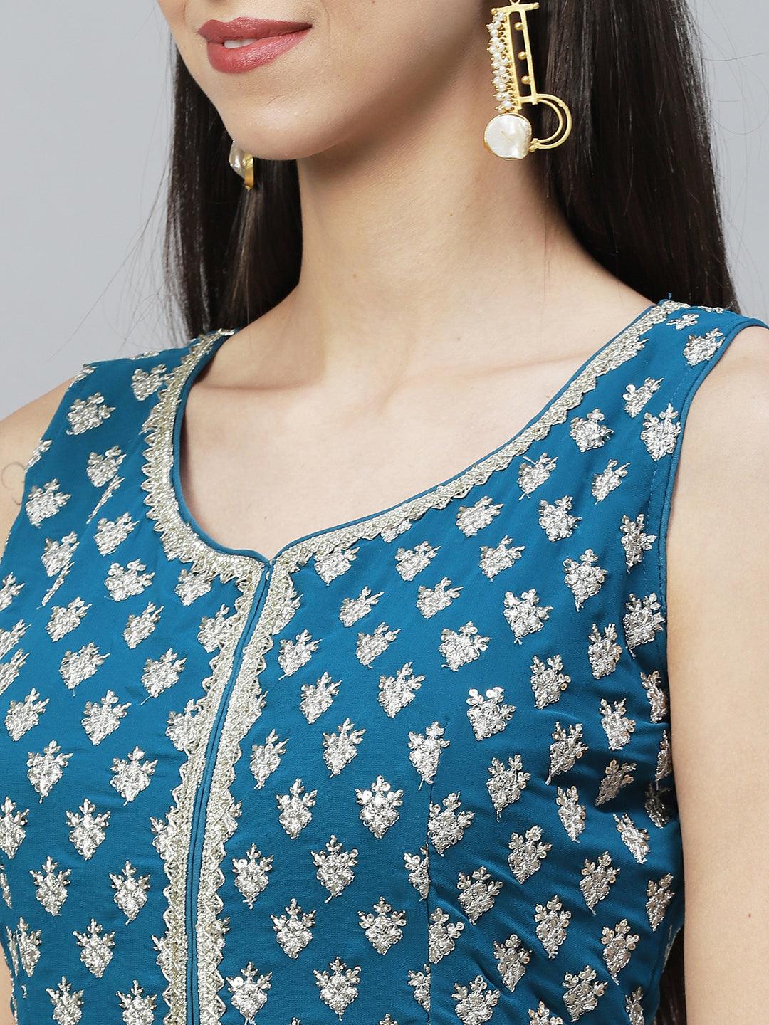 Ethnic Embroidered Flared Kurta with Palazzo & Dupatta - Teal Green - Indiakreations