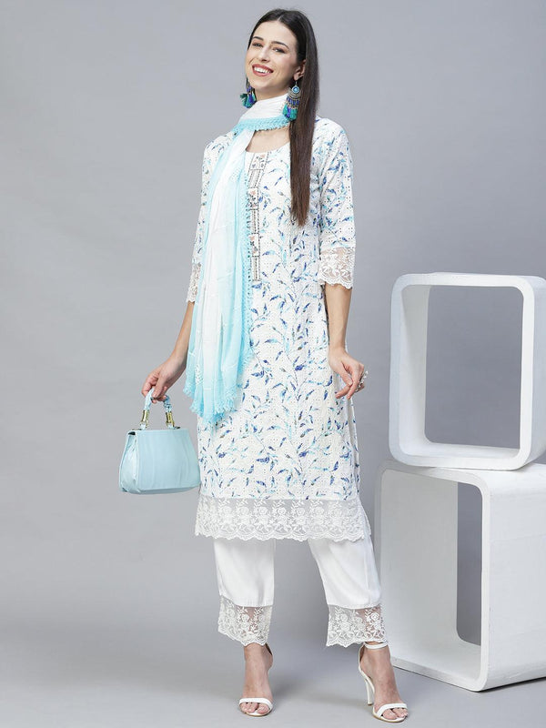 Floral Printed & Embroidered Straight Kurta with Pants & Dupatta - Off White - Indiakreations