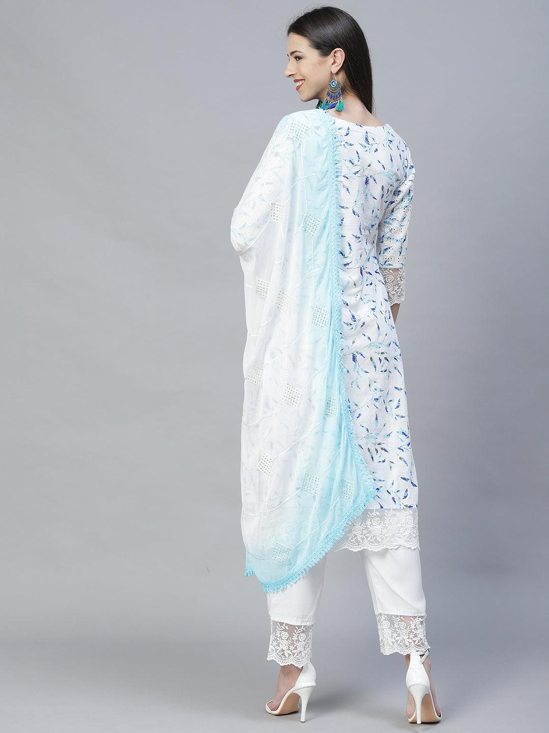 Floral Printed & Embroidered Straight Kurta with Pants & Dupatta - Off White - Indiakreations