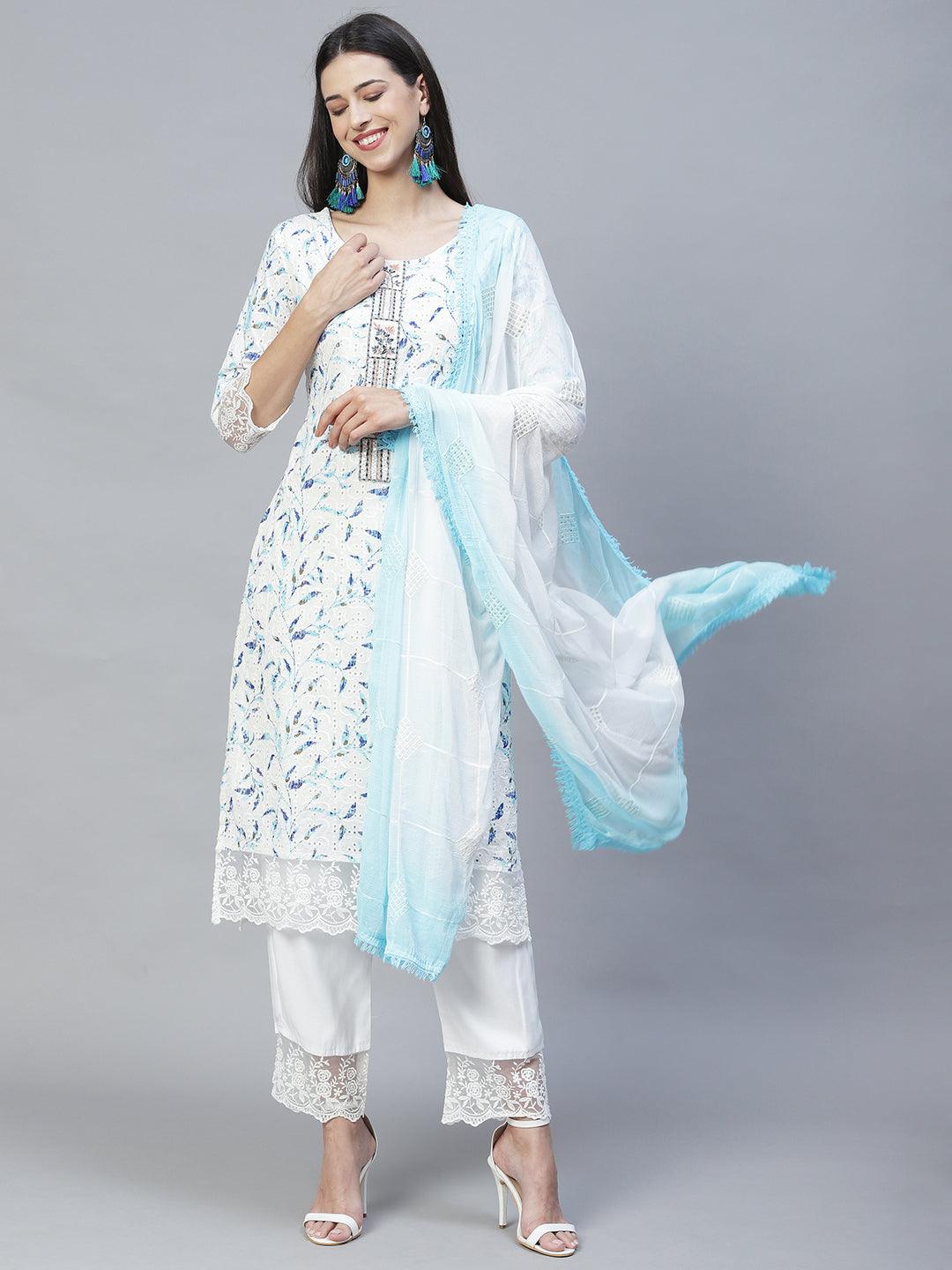 Floral Printed & Embroidered Straight Kurta with Pants & Dupatta - Off White - Indiakreations