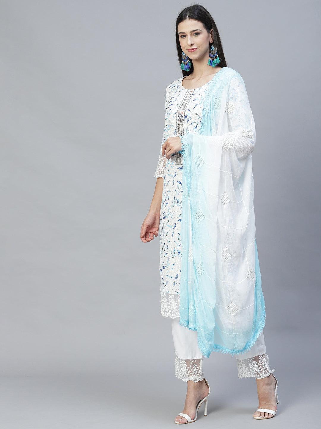 Floral Printed & Embroidered Straight Kurta with Pants & Dupatta - Off White - Indiakreations