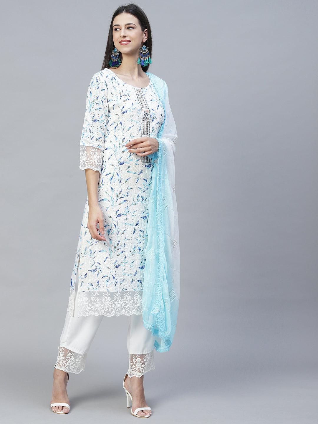 Floral Printed & Embroidered Straight Kurta with Pants & Dupatta - Off White - Indiakreations