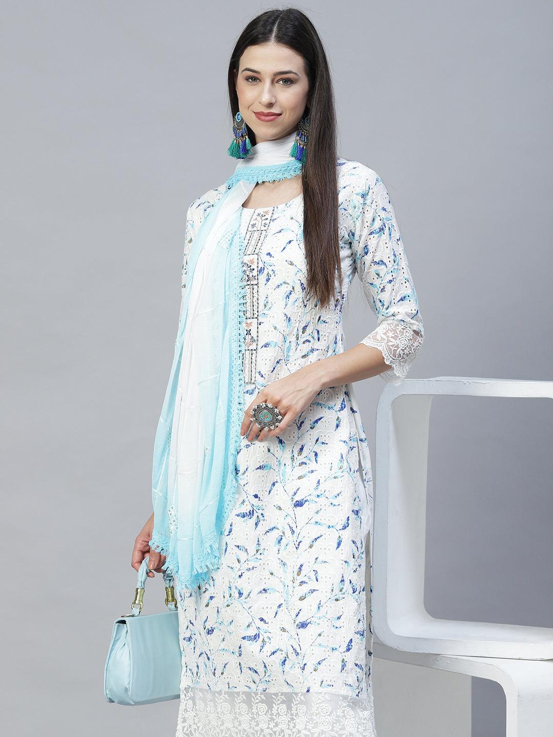 Floral Printed & Embroidered Straight Kurta with Pants & Dupatta - Off White - Indiakreations