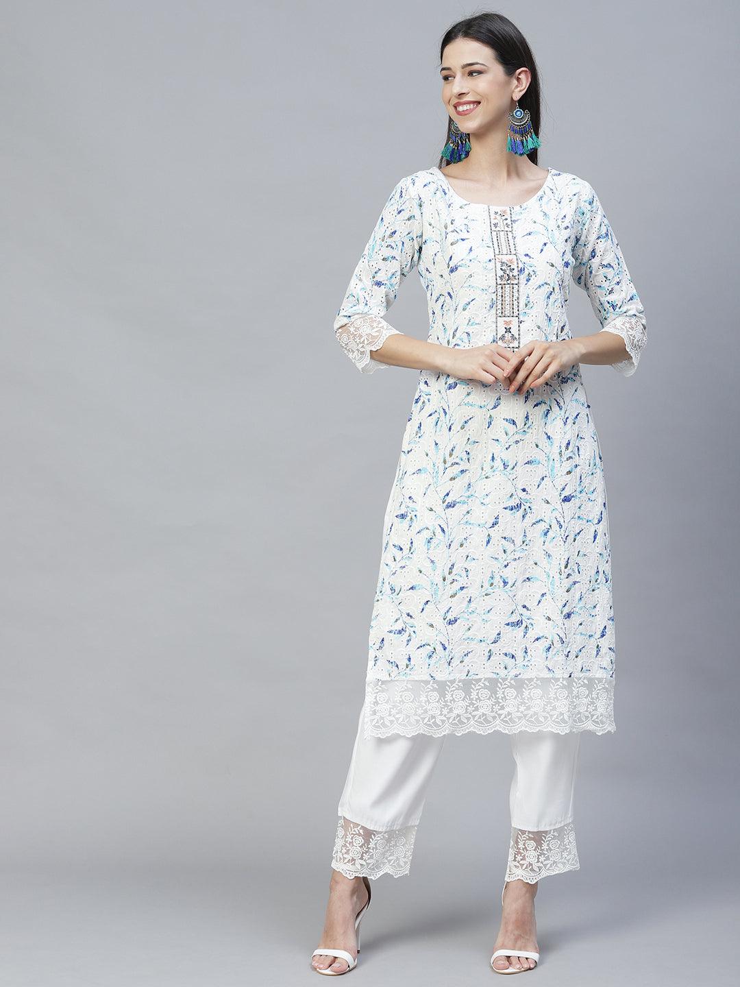 Floral Printed & Embroidered Straight Kurta with Pants & Dupatta - Off White - Indiakreations