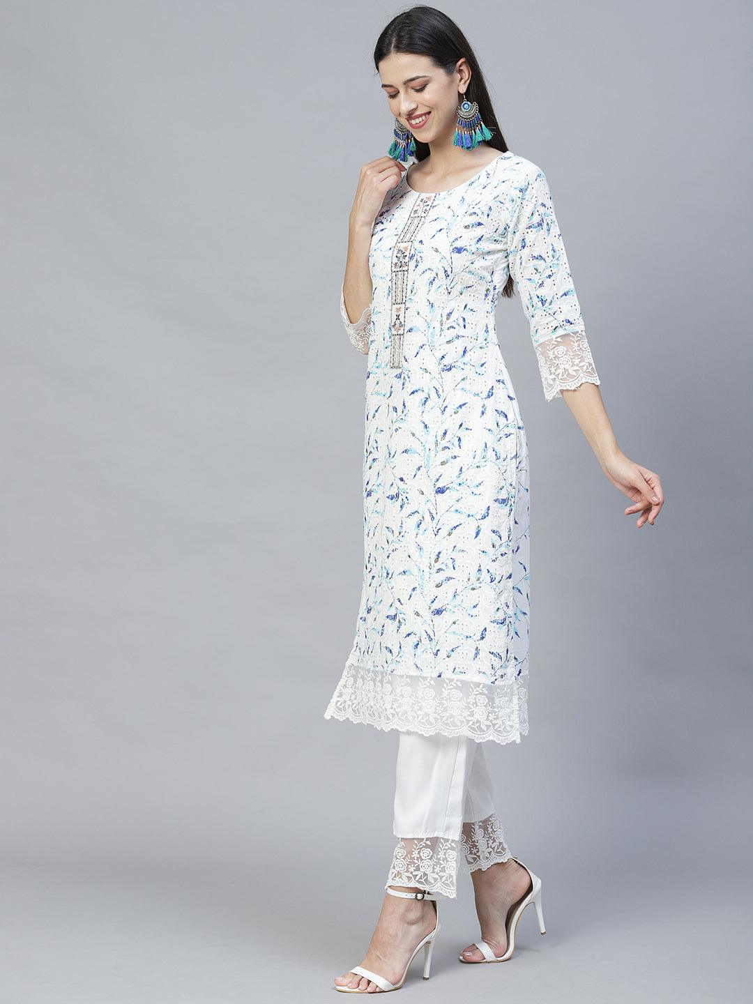 Floral Printed & Embroidered Straight Kurta with Pants & Dupatta - Off White - Indiakreations