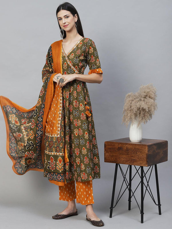 Ethnic Printed & Embroidered Anarkali Flared Kurta with Pants & Dupatta - Olive Green - Indiakreations