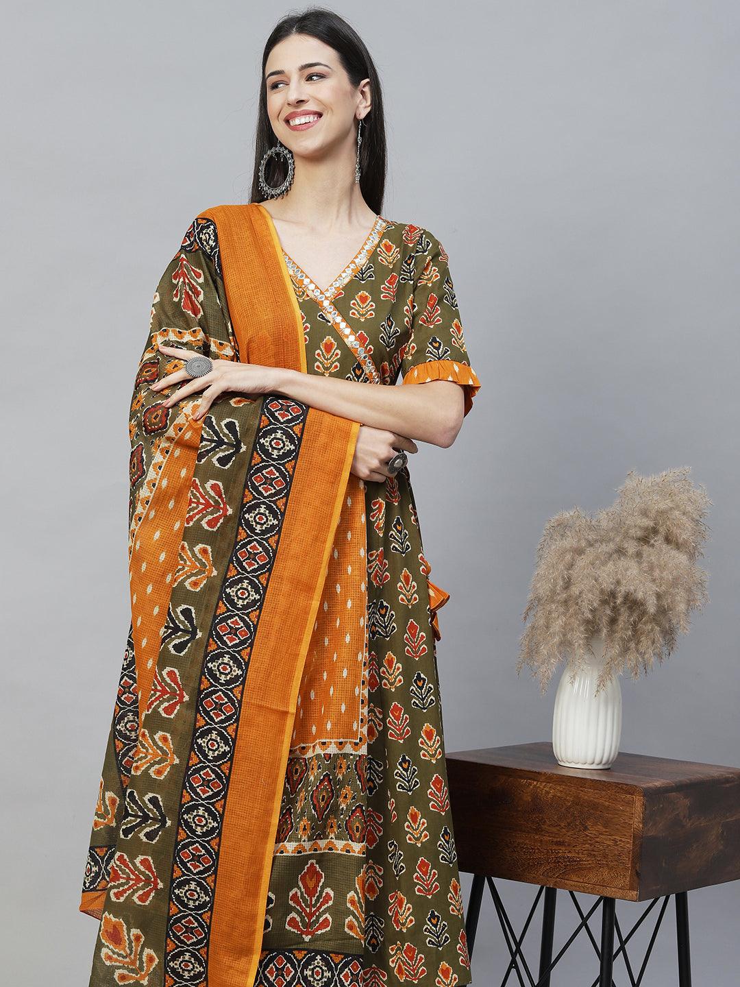 Ethnic Printed & Embroidered Anarkali Flared Kurta with Pants & Dupatta - Olive Green - Indiakreations