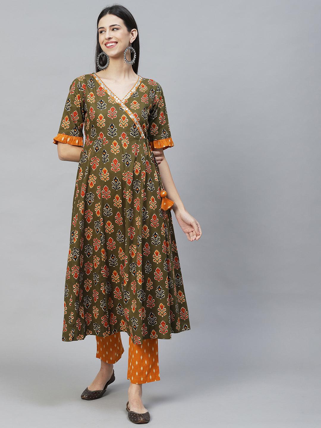 Ethnic Printed & Embroidered Anarkali Flared Kurta with Pants & Dupatta - Olive Green - Indiakreations