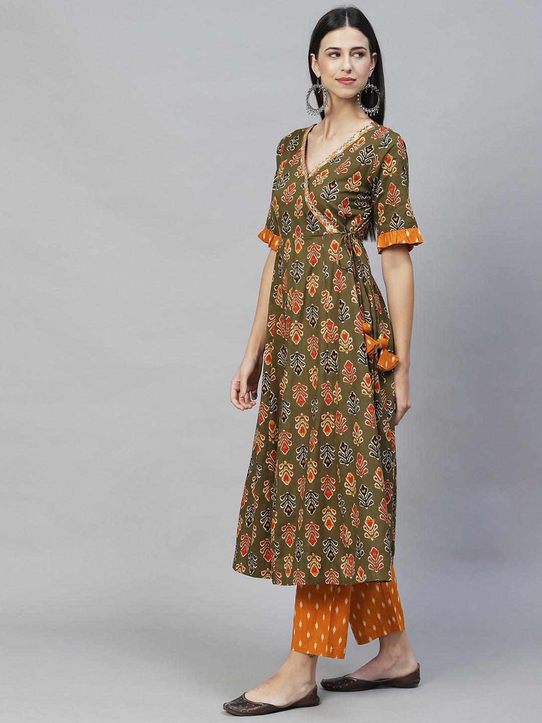 Ethnic Printed & Embroidered Anarkali Flared Kurta with Pants & Dupatta - Olive Green - Indiakreations