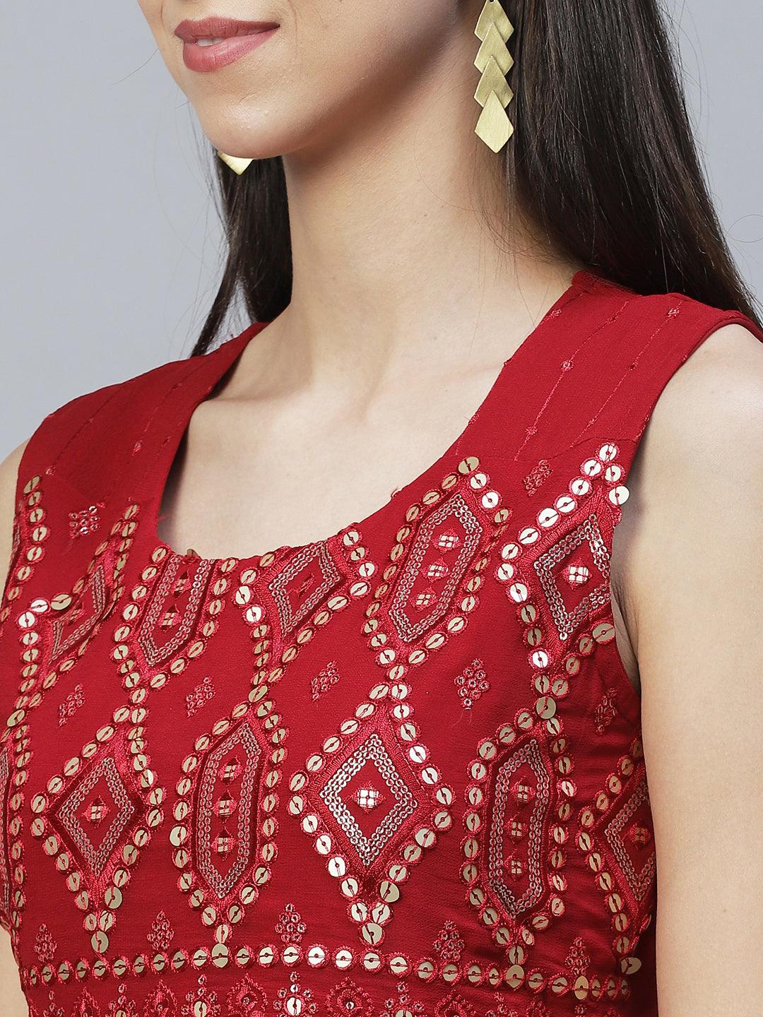 Ethnic Embroidered Peplum Kurta with Sharara & Dupatta - Maroon - Indiakreations