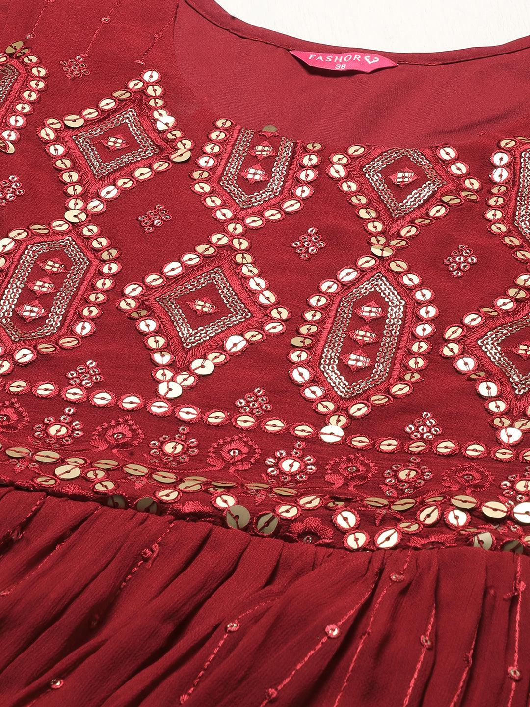 Ethnic Embroidered Peplum Kurta with Sharara & Dupatta - Maroon - Indiakreations